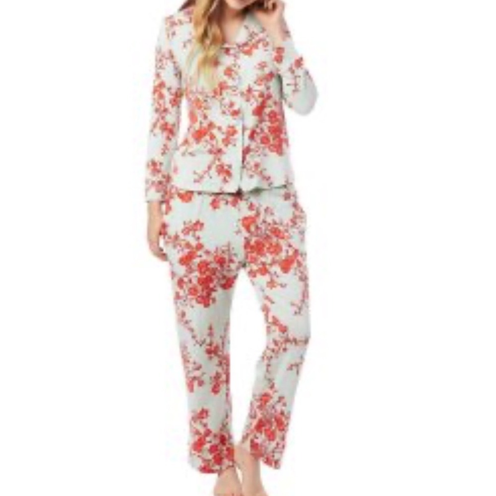 THE cat's PAJAMAS Mint Green Red Floral Pima Cotton Modal Blend Long Pajama SetL